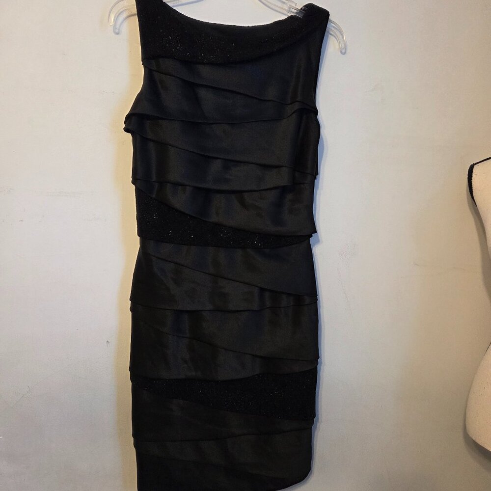 Alex Evening 10 Black Satin Layered Sleeveless Dress w/Side Zipper.